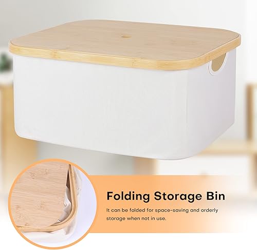 Miniatura 4 de ANMINY Contenedor de almacenamiento con asas de tapa de bambú extraíbles, caja de lona apilable con tapa para armario, estante, cubo, plegable,