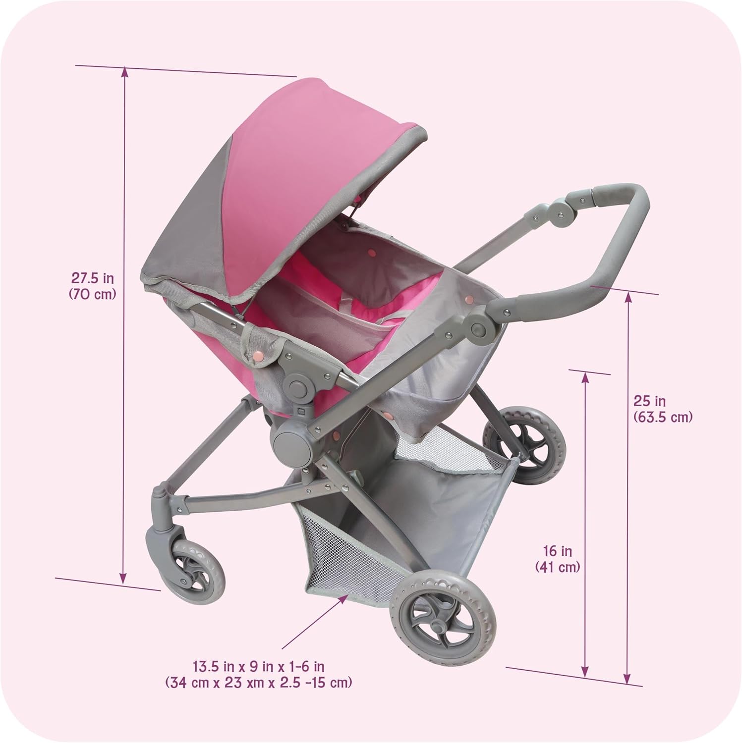 Badger Basket Voyage Twin Carriage Doll Stroller for 18 to 20-Inch Dolls with Rotating Pram Handle and Storage Features – Perfect for Little Mommies on The Go!