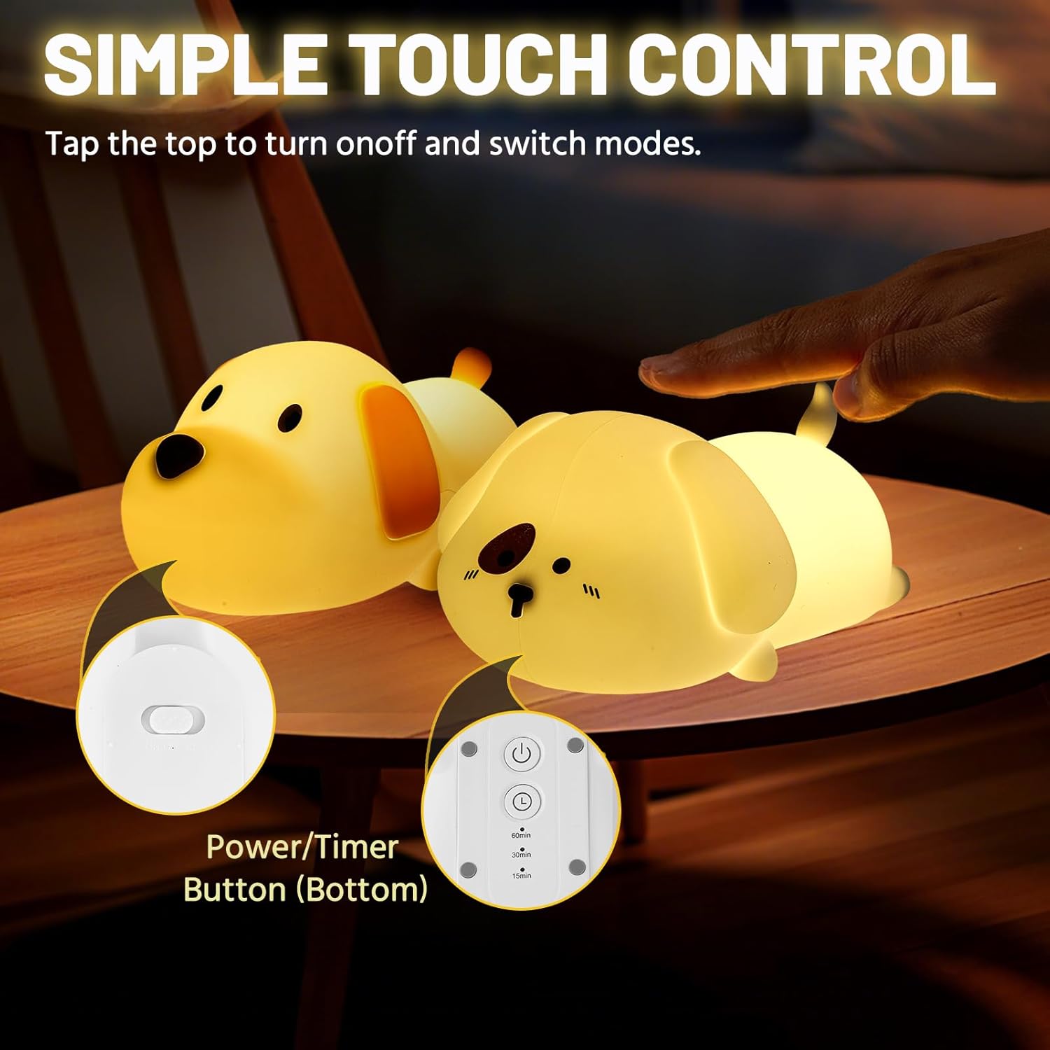 Silicone Night Light (2 Pack) 7 Colors for Kids, Touch Control, LED Dog Lamp, Rechargeable, Cute Puppy Night Lights for Toddler,Boy, Girls, RGB, Warm White