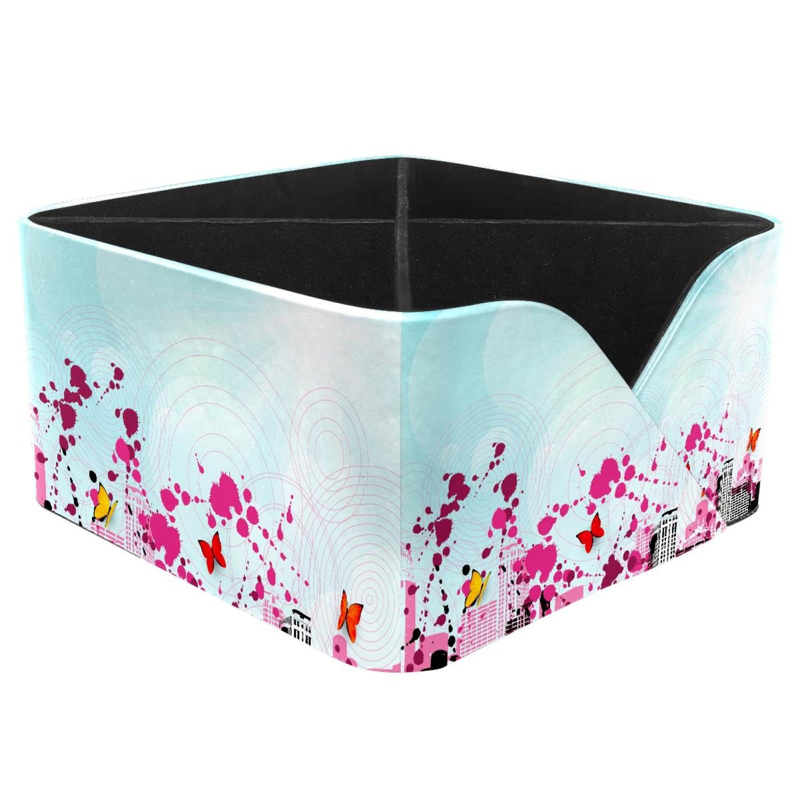 KengjuTesu Romantic Butterflies City Landscape Desktop Organizer Pen Holder, Rectangular Pencil Cup for Office, Study and Makeup Stations
