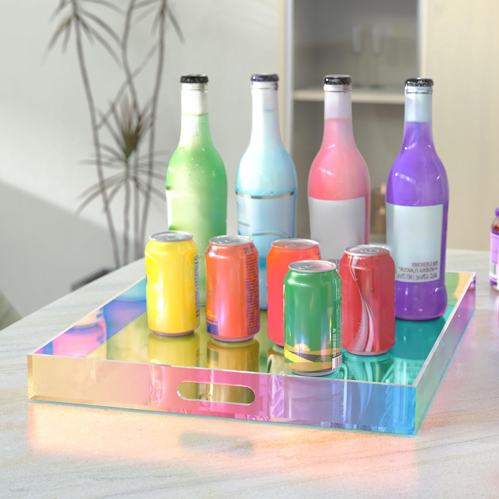 NiHome Bandeja acrílica iridiscente de 20 x 16 pulgadas para organizar y servir, material duradero y fácil de limpiar con diseño reflectante de luz, asas ergonómicas fáciles de llevar, estabilidad