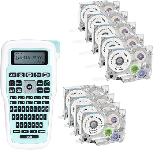 Labelife E1000 - Máquina etiquetadora con cinta paquete de 9 cintas de etiquetas JM y 1 paquete de adaptador de corriente para organización del