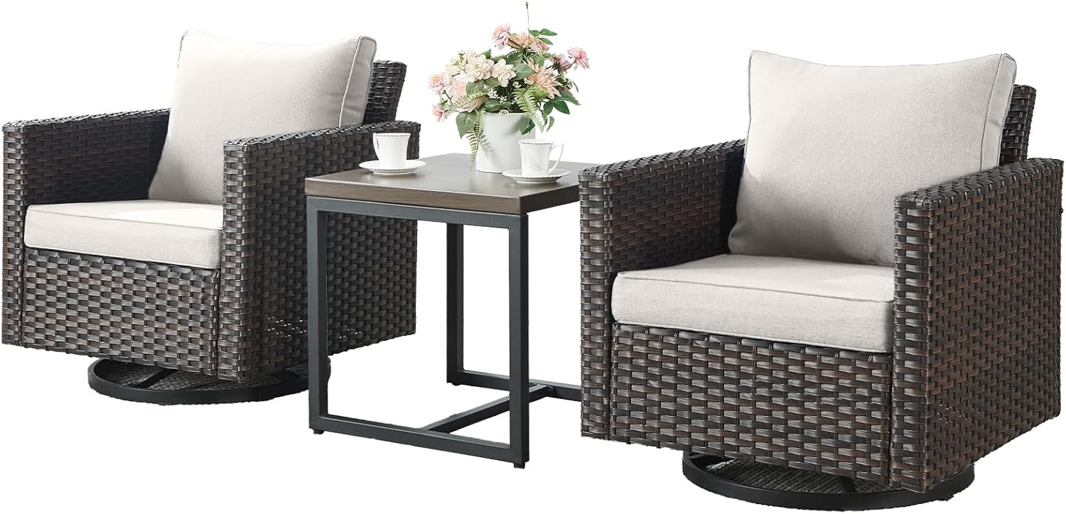 Outdoor Swivel Rocking Chairs,3 Pieces Patio Bistro Sets Rattan Chairs Set of 2 with Matching Side Table for Deck Porch Garden Backyard-Brown/Beige