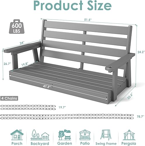 Miniatura 2 de IVY&LANE Columpio para porche al aire libre  Plástico HDPE  2 personas  Columpios de banco colgantes  Resistente a la intemperie  4 cadenas de acero