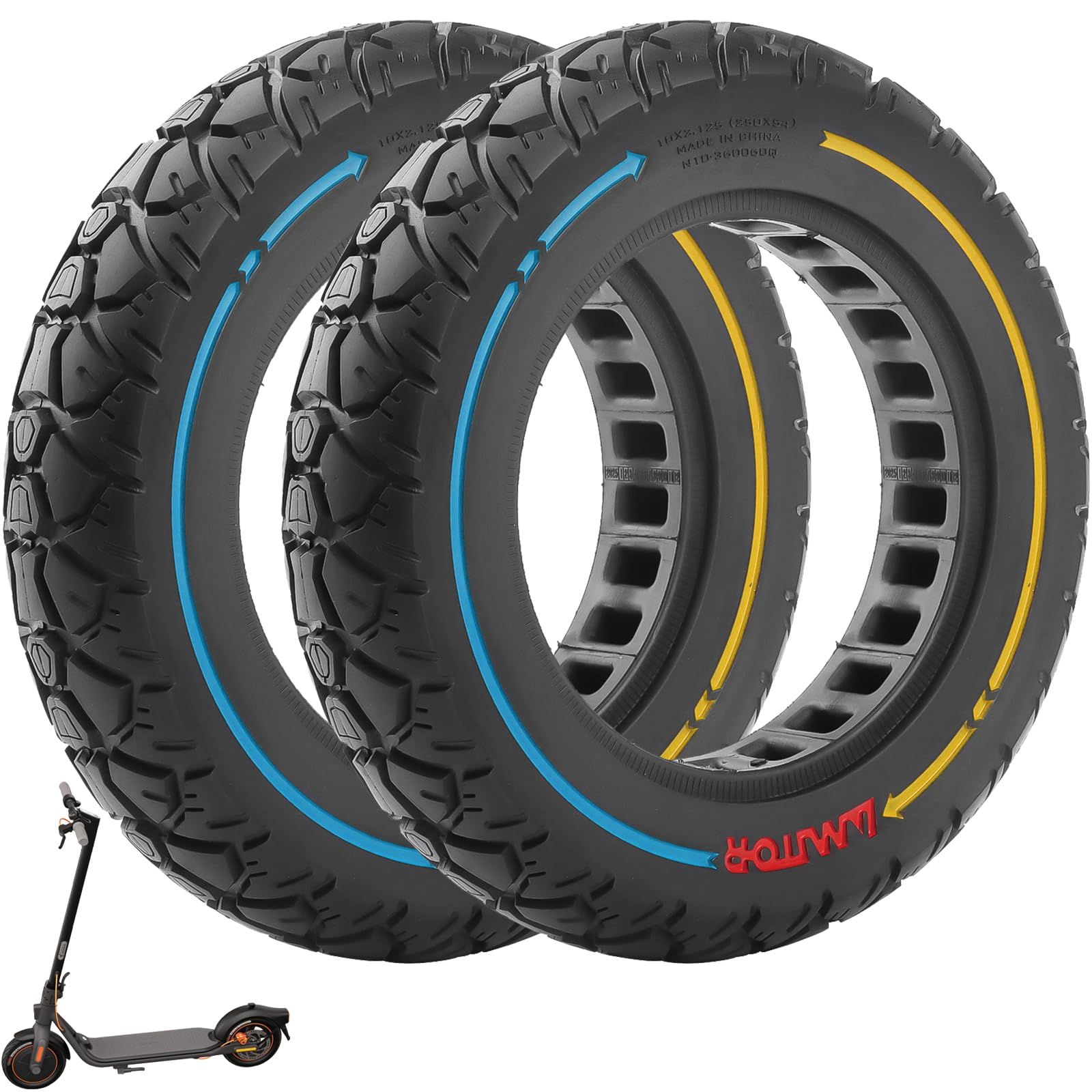 Lot de 2 pneus pleins en caoutchouc 10" - 250 x 54 - Pneus de rechange pour scooter électrique - Anti-crevaison - Largeur de fente : 36 mm - Pour roues d'une largeur de 34 à 36 mm (2 pièces)