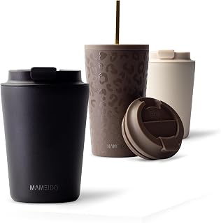 MAMEIDO Thermobecher 350 ml (Rich Black) | mit Trinkdeckel, auslaufsicher, aus Edelstahl & BPA-frei – passt dank schlanker Form in die meisten Autohalter