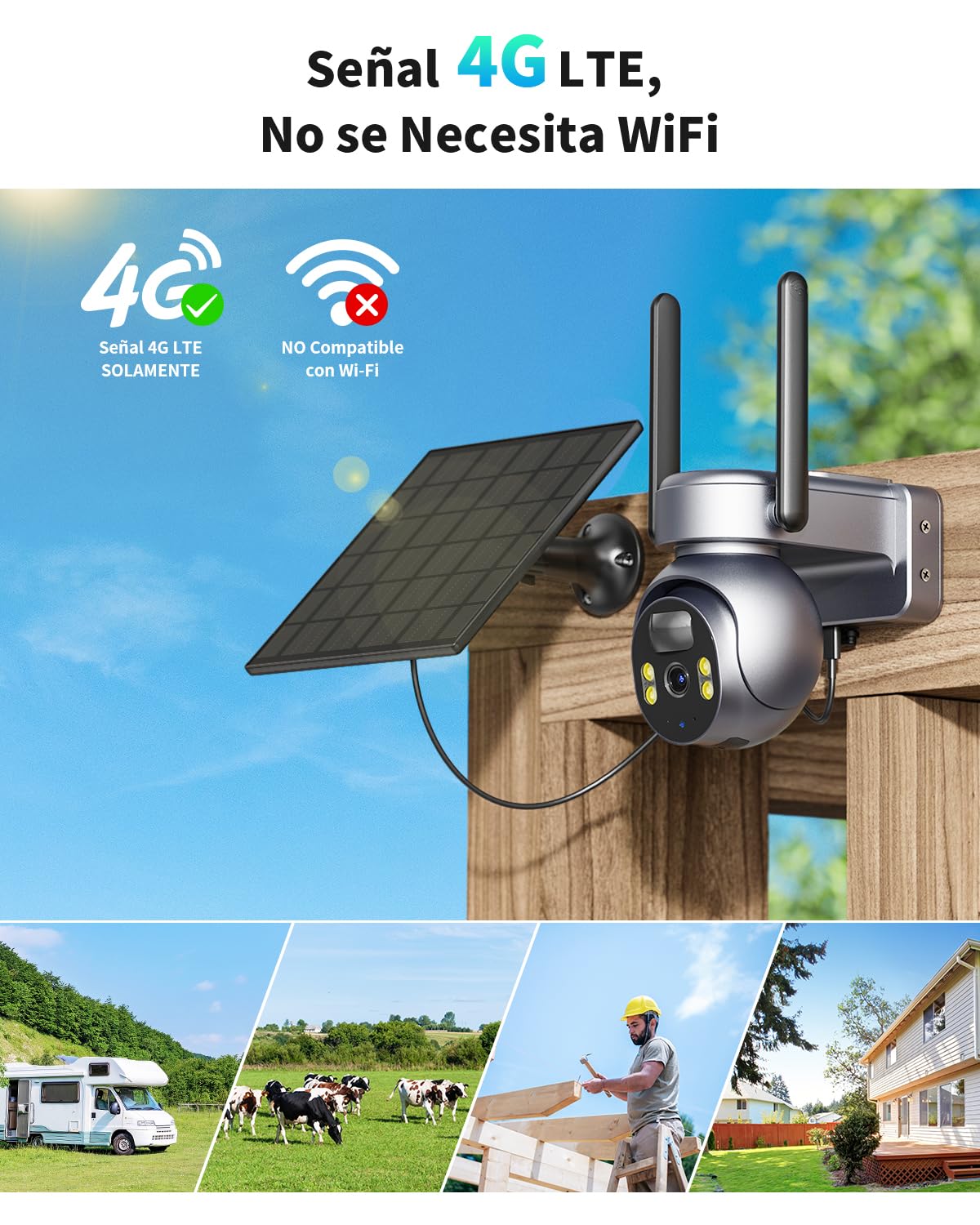 SEHMUA 4G LTE Celular Cámara Vigilancia Exterior con Panel Solar y Tarjeta SIM, 2K HD Cámara Visión 360° con Batería PTZ, Visión Nocturna Colorida y Detección PIR Humana, Impermeable IP66