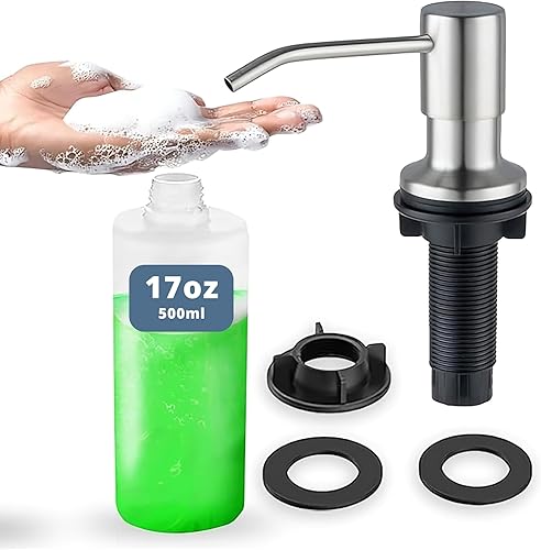 SBEN Juego de dispensador de jabón de cocina integrado (botella recargable grande de 17 onzas incluida), dispensador de jabón de acero inoxidable,