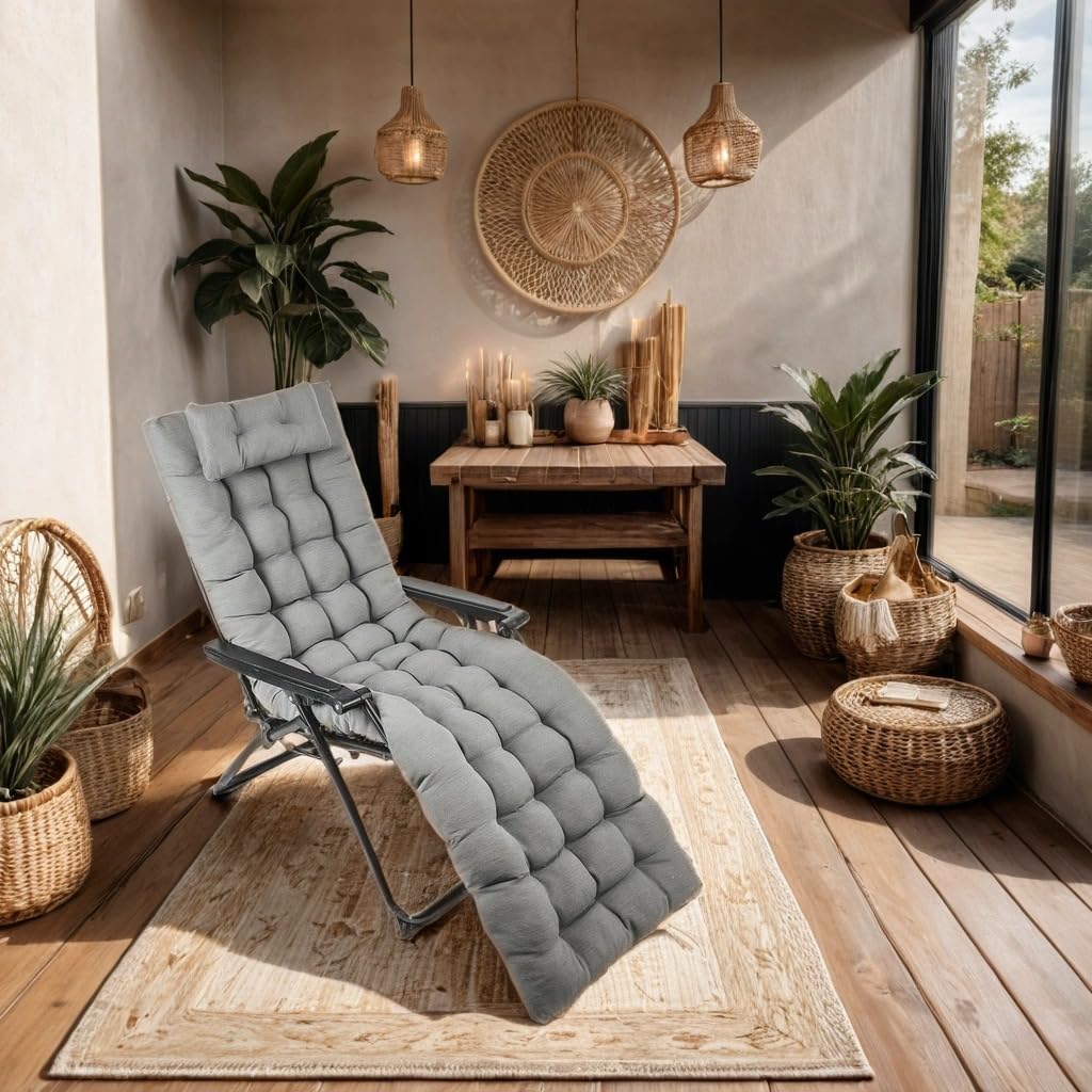 Cojín Tumbona Reclinable con Almohada Reposacabeza, Cojines para Silla de Jardin, Cojines de tumbonas (Gris, 180X55CM)