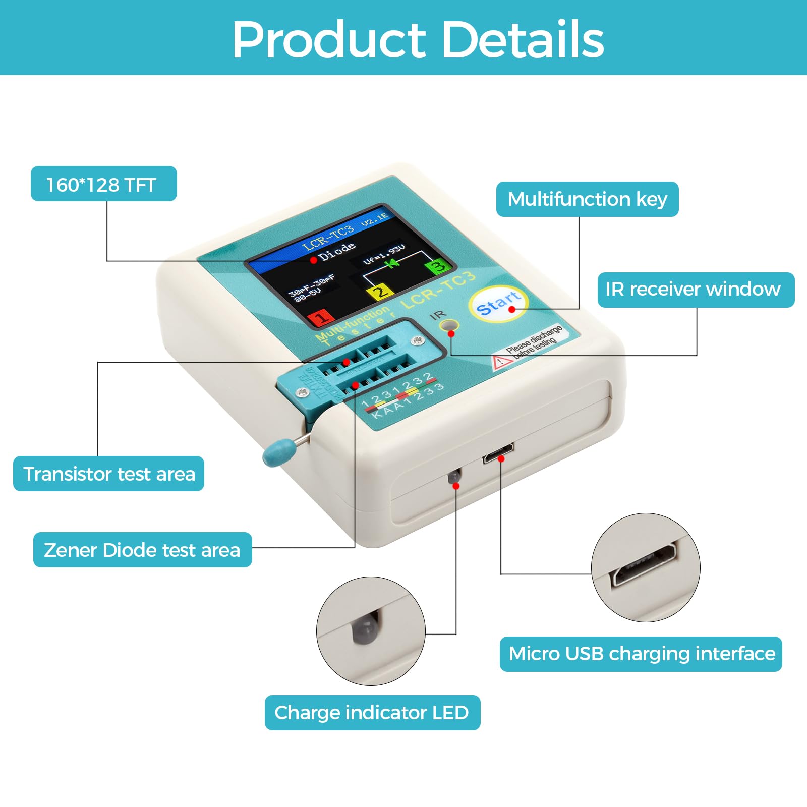 diymore Tester Transistor LCR-T3,Transistor Multifunzione TFT con Funzionamento a un tasto,Display Grafico,Spegnimento Automatico per Diodi Triodici,Resistore,Transistor ESR NPN PNP MOSFET