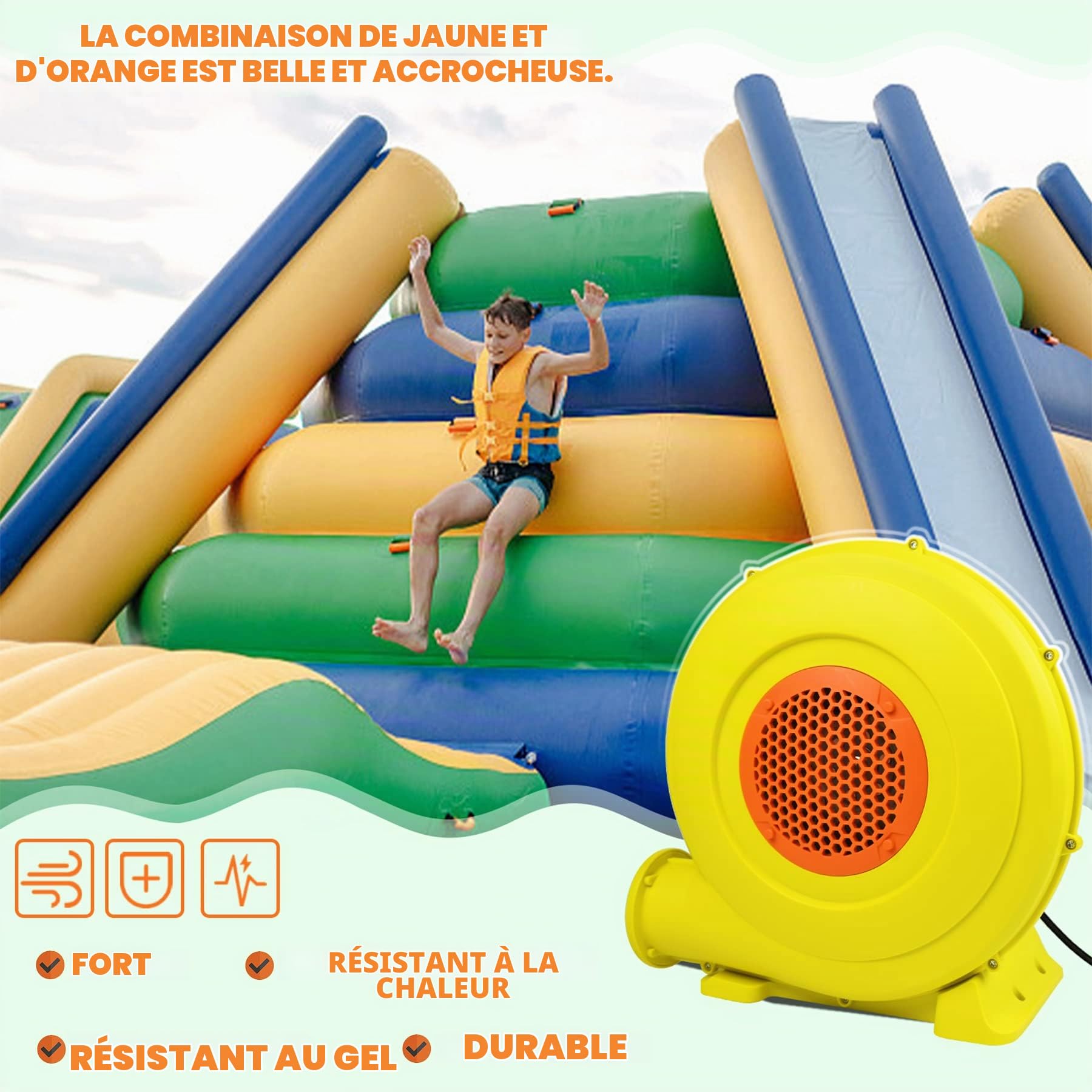 Froadp Ventilateur d'air portable Pompe gonflable électrique 2100Pa Faible Bruit Souffleur jeu gonflable Jaune+Orange