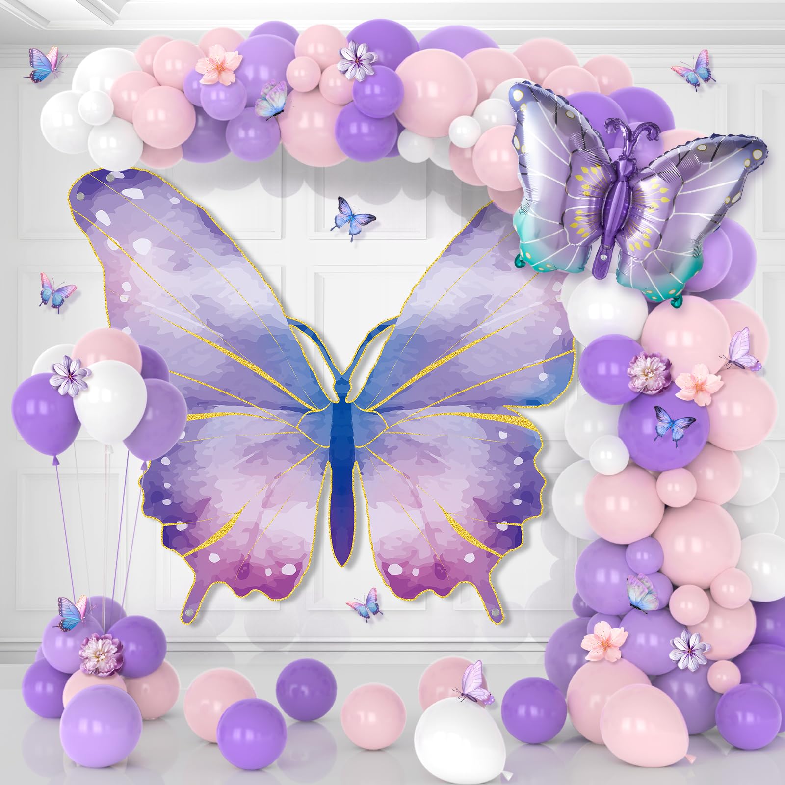 Photo 1 of 116PCS Butterfly Birthday Party Decorations Butterfly Backdrop Balloon Arch Kit Watercolor Butterflies Decors for Spring Summer Girls Princess Fairy Theme Party Wedding Baby Shower Supplies, Purple