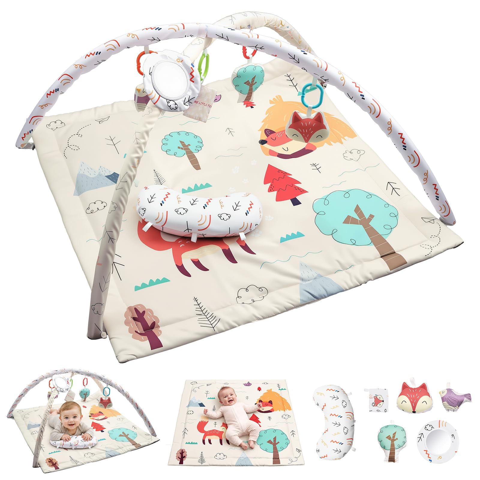 FUNYKICH Tapis D’Éveil pour Bébé Tapis de Jeu Multifonctionnel | Tapis d’éveil bébé avec jouets sensoriels renard,hochet,papier sonore,miroir et coussin ventral pour tummy time 0-18 mois