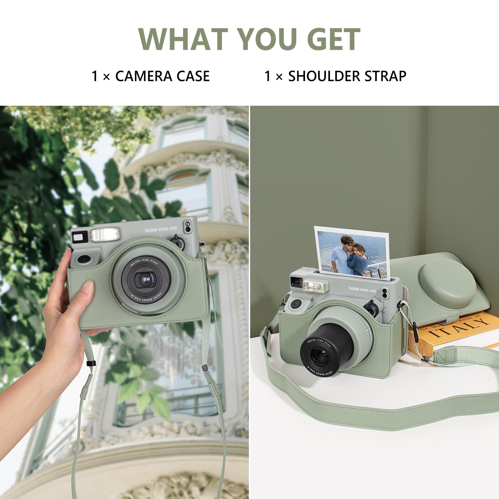 Housse En Cuir PU Pour Fuji Instax Wide 400 – Étui De Protection Avec Bandoulière (vert)