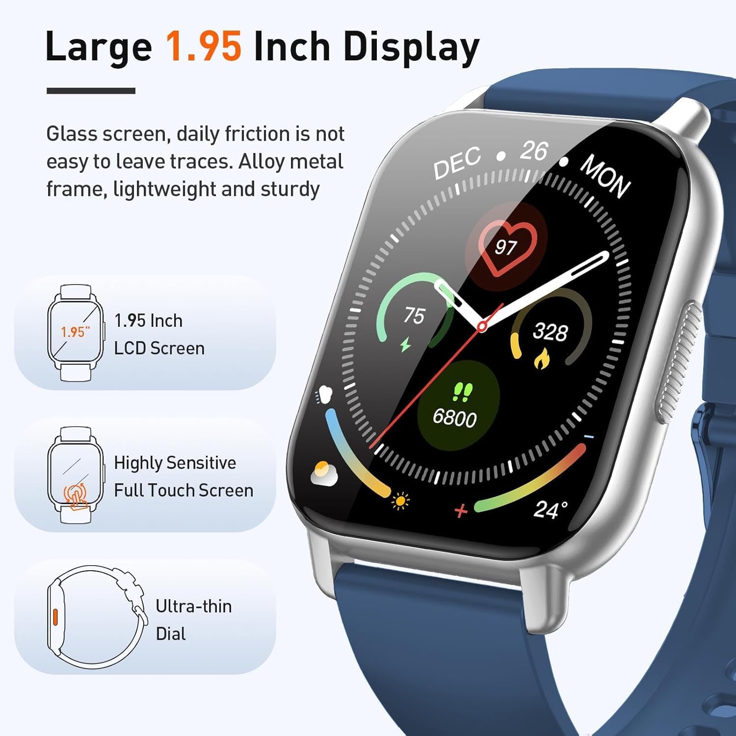 Smartwatch Uomo Donna Chiamate Bluetooth, Orologio Smart Watch con Display LCD 1.95", Monitoraggio Frequenza Cardiaca e SpO2, Impermeabil IP68 112 modalità Fitness, Fitness Tracker per Android iOS Blu