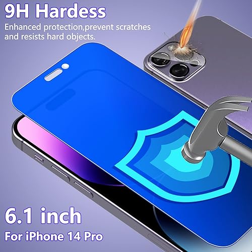Miniatura 10 de Fotbor Protector de pantalla mate para iPhone 14 Pro Max anti luz azul privacidad con protector de lente de cámara, bloqueo de luz azul, protección