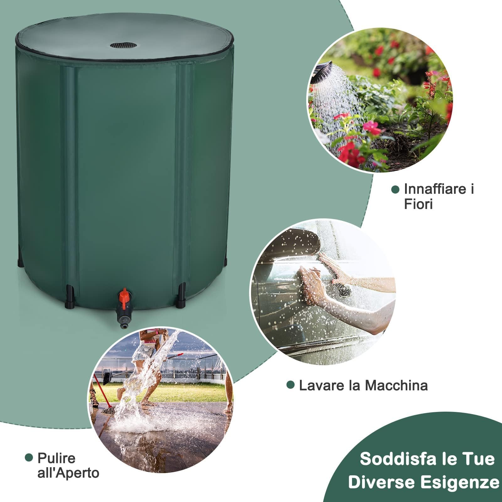 GYMAX Serbatoio Pieghevole, 225L Serbatoio Portatile per Acqua Piovana, Contenitore Acqua da Giardino, con Rubinetto e Valvola a Rete, 60 x 60 x80 cm, Verde Scuro