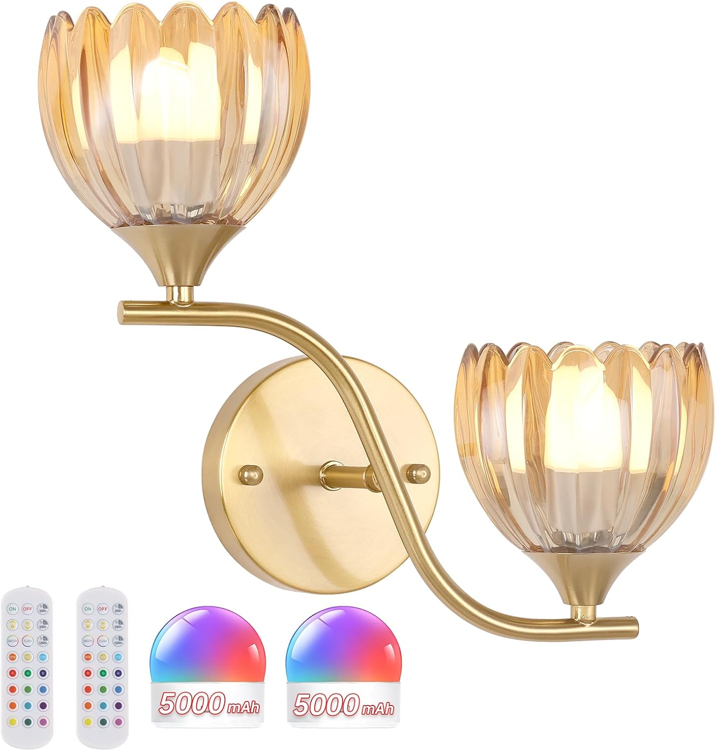 Battery Operated Wall Sconce, 2-Lights Vinatge Brass Wall Lighting with Amber Tluip Shade Rechargeable Bulb with Remote for Living Room, Bedroom