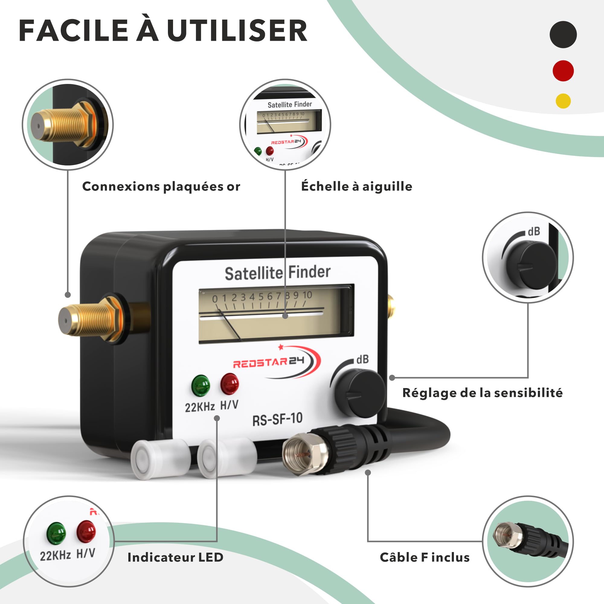 RedStar24 Pointeur Satellite Détecteur de Signal Numérique Satfinder avec Signal Sonore Câble F Inclus