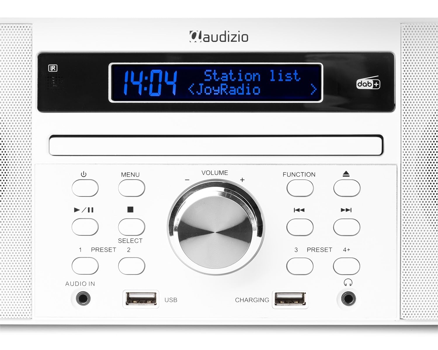 Audizio Prato Radio Dab+ et Lecteur CD avec Technologie sans Fil Bluetooth, Écran LCD, Fonction Horloge et Veille, 2X Port USB, Entrée AUX, Sortie Casque, Télécommande Incluse, Couleur Blanc