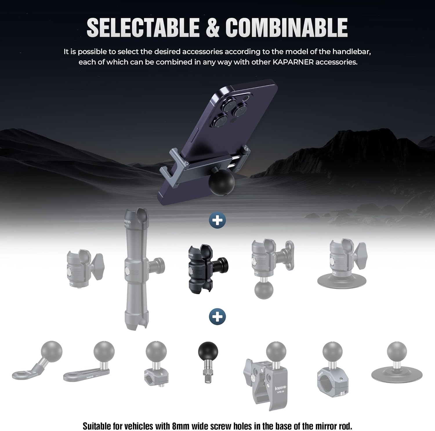 Anti-Theft Phone Holder Kit, M8 Screw and 25mm Ball, Mirror Install, Aluminum Socket Arm and Adjustable Phone Clip with Metric Thread Ball Adapater, for Bike/Tricycle/ATVs/Motorcycle (KPS-05)