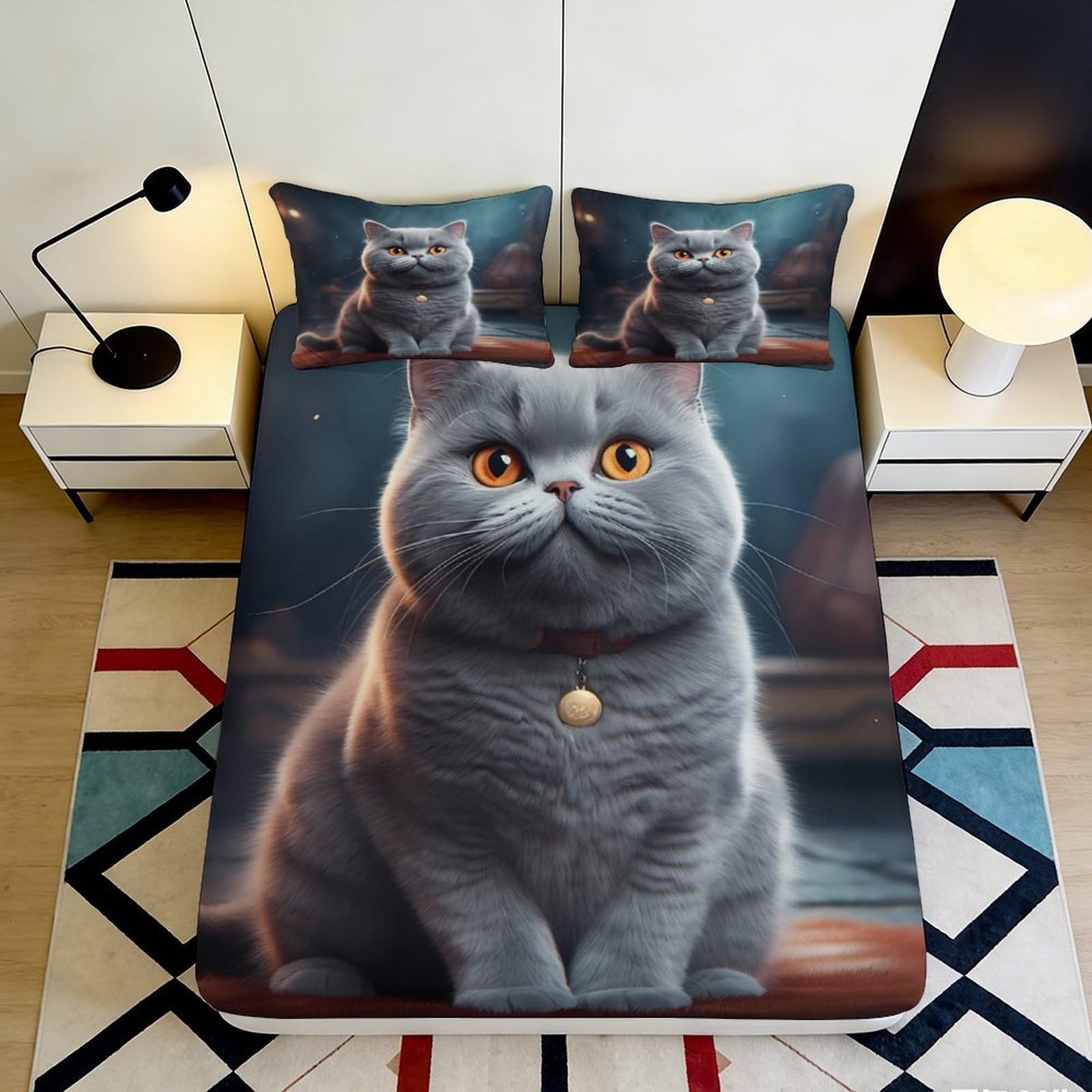 3D Printed Grey Cat Fitted Sheet Microfiber Soft Bedroom Decor Cartoon Animal Bed Cover for Adult Youth Teen 90x200x25cm