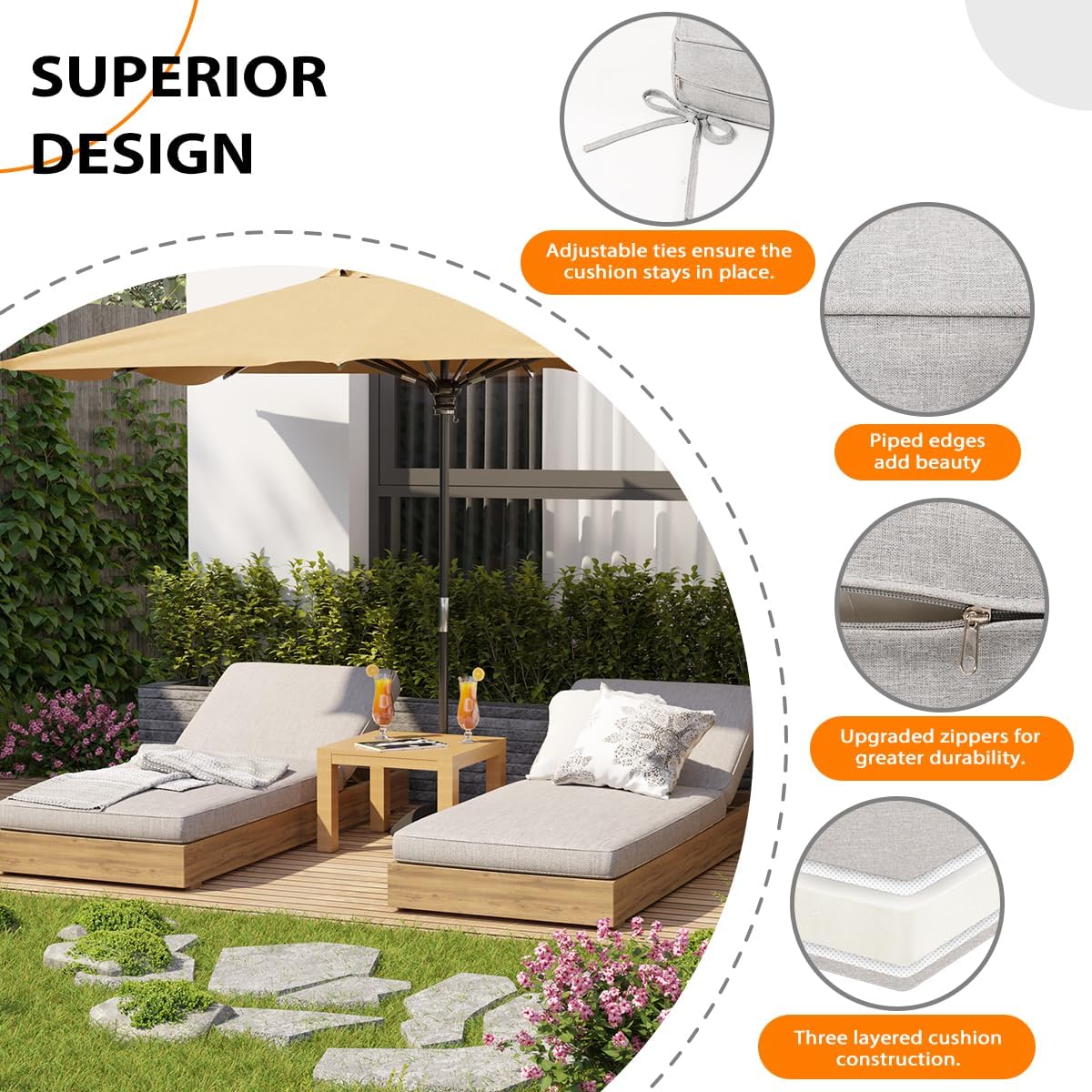 sundale outdoor olefin chaise lounge cushion set of 2, water-resistant patio lounge chair cushion, thick lounger pad with 4 straps light gray, 80 x 26 x 4 inches light gray 2 pack - 80 x 26 x 4 inch