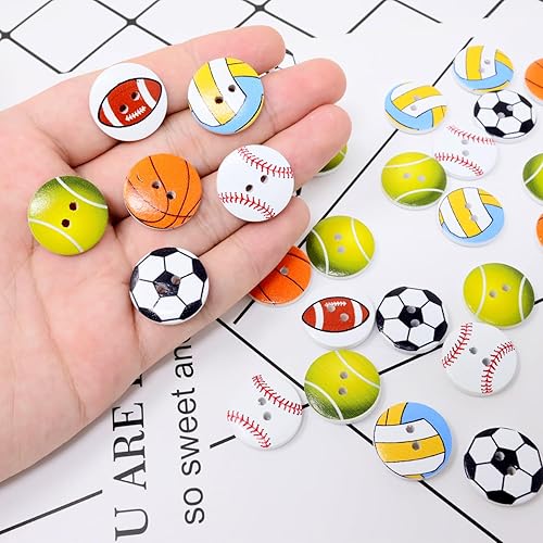 Miniatura 3 de Honbay 100 botones deportivos de madera, 2 agujeros, botones redondos de costura, botones decorativos de bola deportiva para ropa, álbumes de