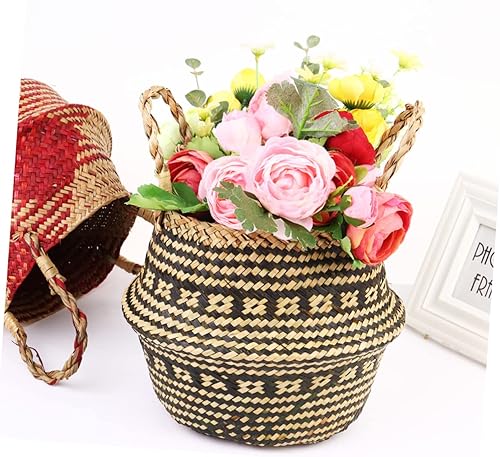 Miniatura 5 de Cesta de almacenamiento de lino tejido con asas dobles para almacenamiento de flores, contenedor decorativo para plantas para el hogar y la oficina,