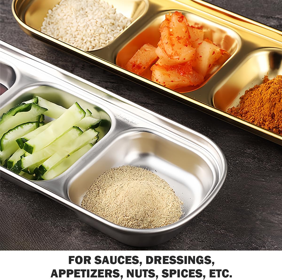 DOERDO 2Pcs Stainless Steel Dipping Sauce Dishes, 3 Compartment Appetizer Serving Trays Snack Dishes for Soy Sauce, Ketchup, Seasoning, Silver, 8.1x3.3 Inch