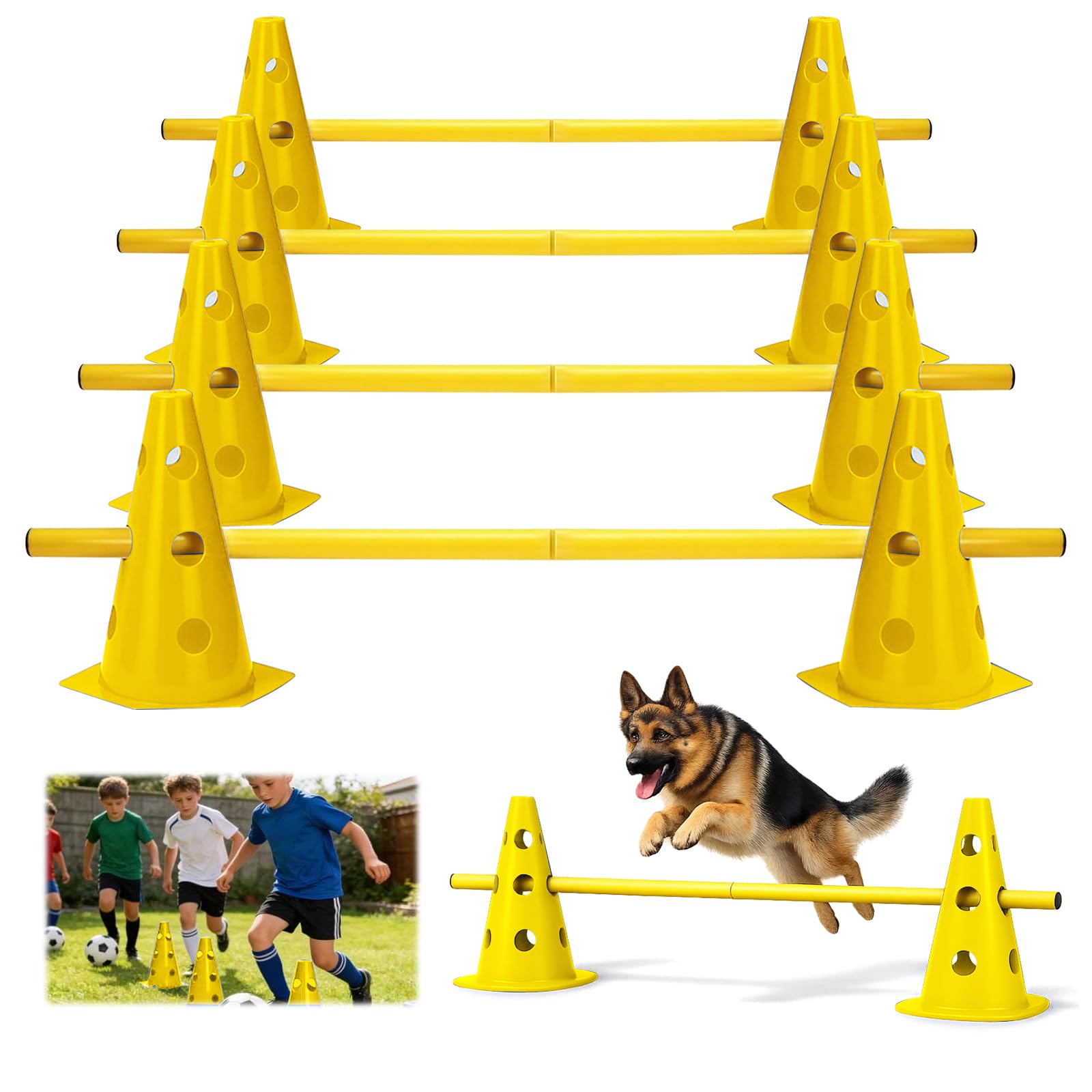 Set de Vallas de Agilidad con 10 Conos + 5 Barras, Altura Regulable para Entrenamiento Canino y Fútbol, Set Multiuso para Niños, Perros y Caballos, 23 cm de Alto, 80 cm de Largo (Amarillo)