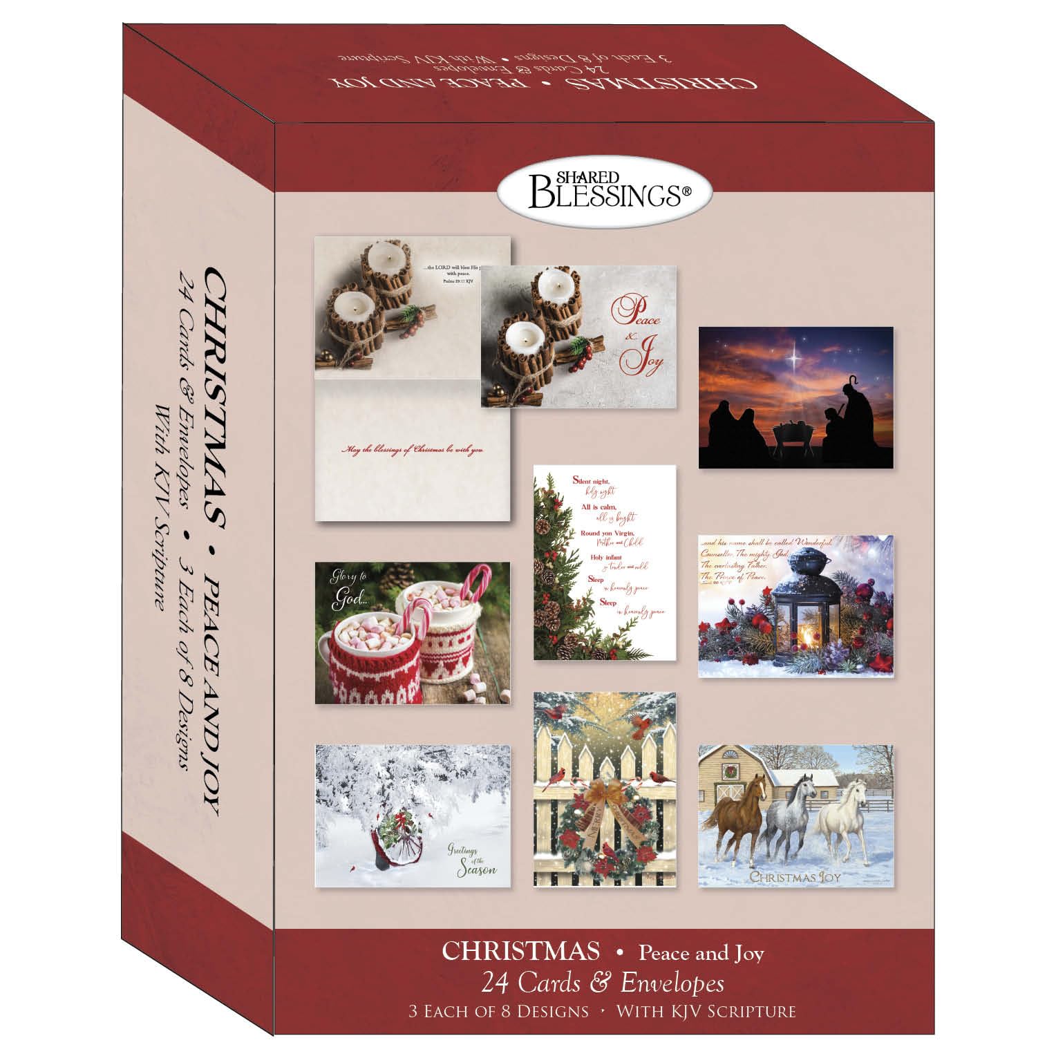 Crown Point Graphics Peace and Joy 24 Religious Christmas Cards - King James Version Scriptures - Winter Holiday Cards with Envelopes - Faith Based Christmas Greetings - Assorted Designs