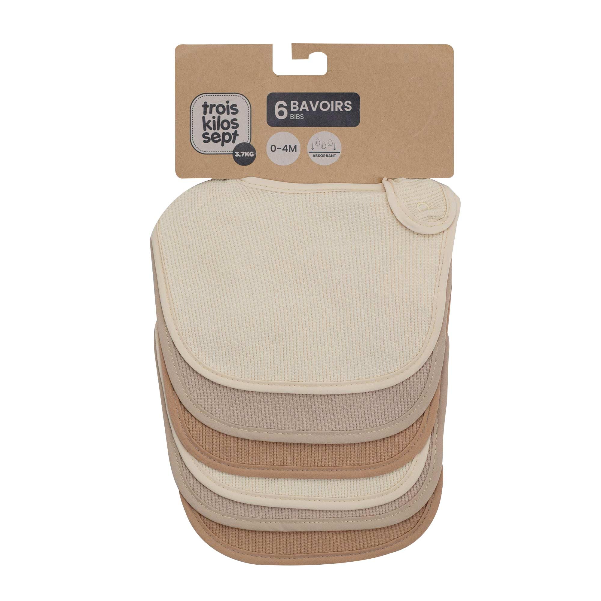 Trois Kilos Sept – Lot de 6 Bavoirs Bébé Naissance Nid d'Abeille, Marron Chocolat, Beige et Crème, Fermeture Pression, Doux et Absorbants, Dès la Naissance