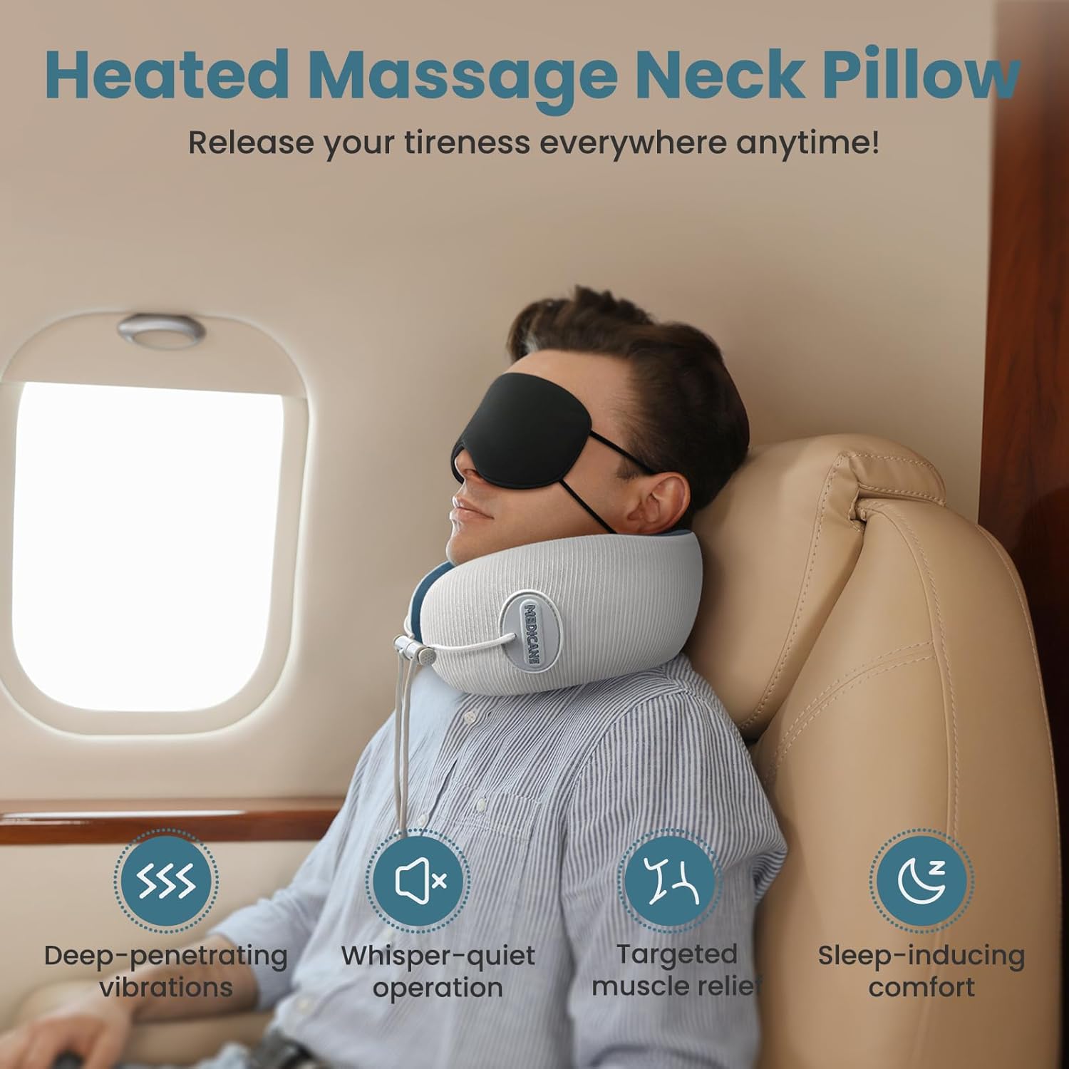 Medicane Neck Travel Pillow with Massage, Neck Massager with Heat & Gentle Vibration Massage, Ergonomic Memory Foam with Comfortable Eye Mask, Perfect for Airplane, Car, Office, Home Use, Pain Relief - Image 2