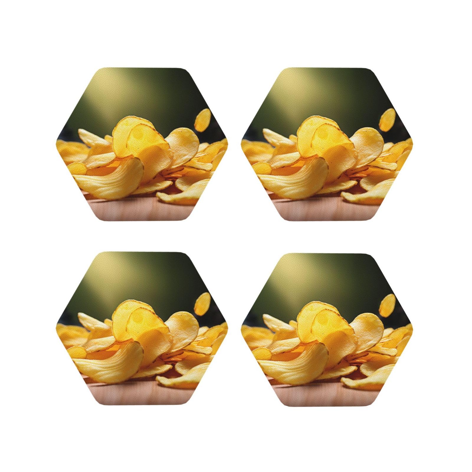 4Pcs PU Leather Coaster for Drinks, Potato Chips Cup Coastersr 4" Cup Mat Pad, Aesthetic Drink Coasters for Coffee Table, Hexagon Coaster for Tabletop Protection