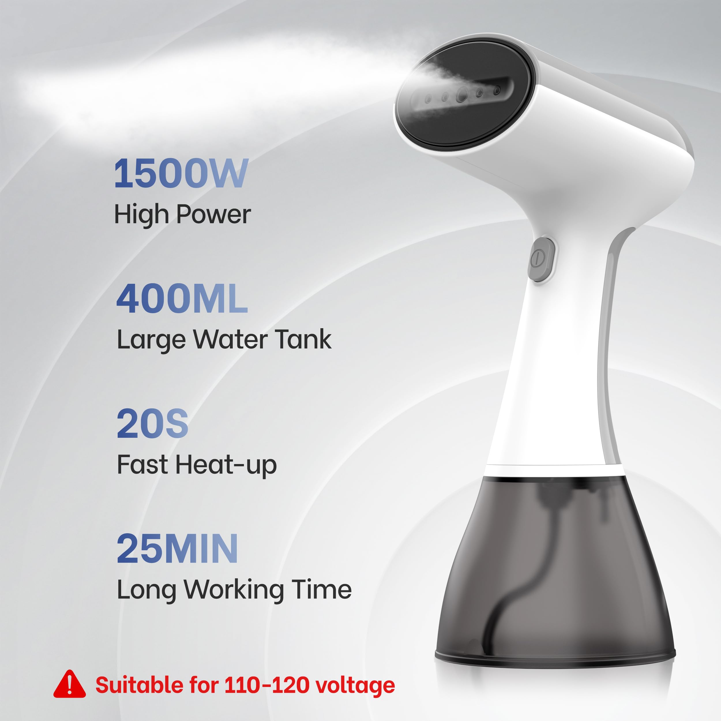 GS01 Vaporizzatore portatile per vestiti, 400 ml, grande serbatoio d'acqua 1500 W, riscaldamento rapido, portatile, rimozione delle rughe da viaggio (bianco)