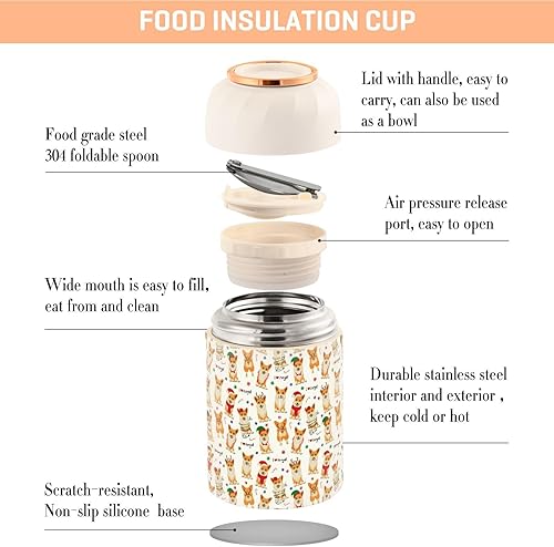 Miniatura 4 de MCHIVER Merry Christmas Corgis Dogs Food Jar with Spoon Stainless Steel Vacuum Insulated Food Container 17 oz Soup Thermos for Adults