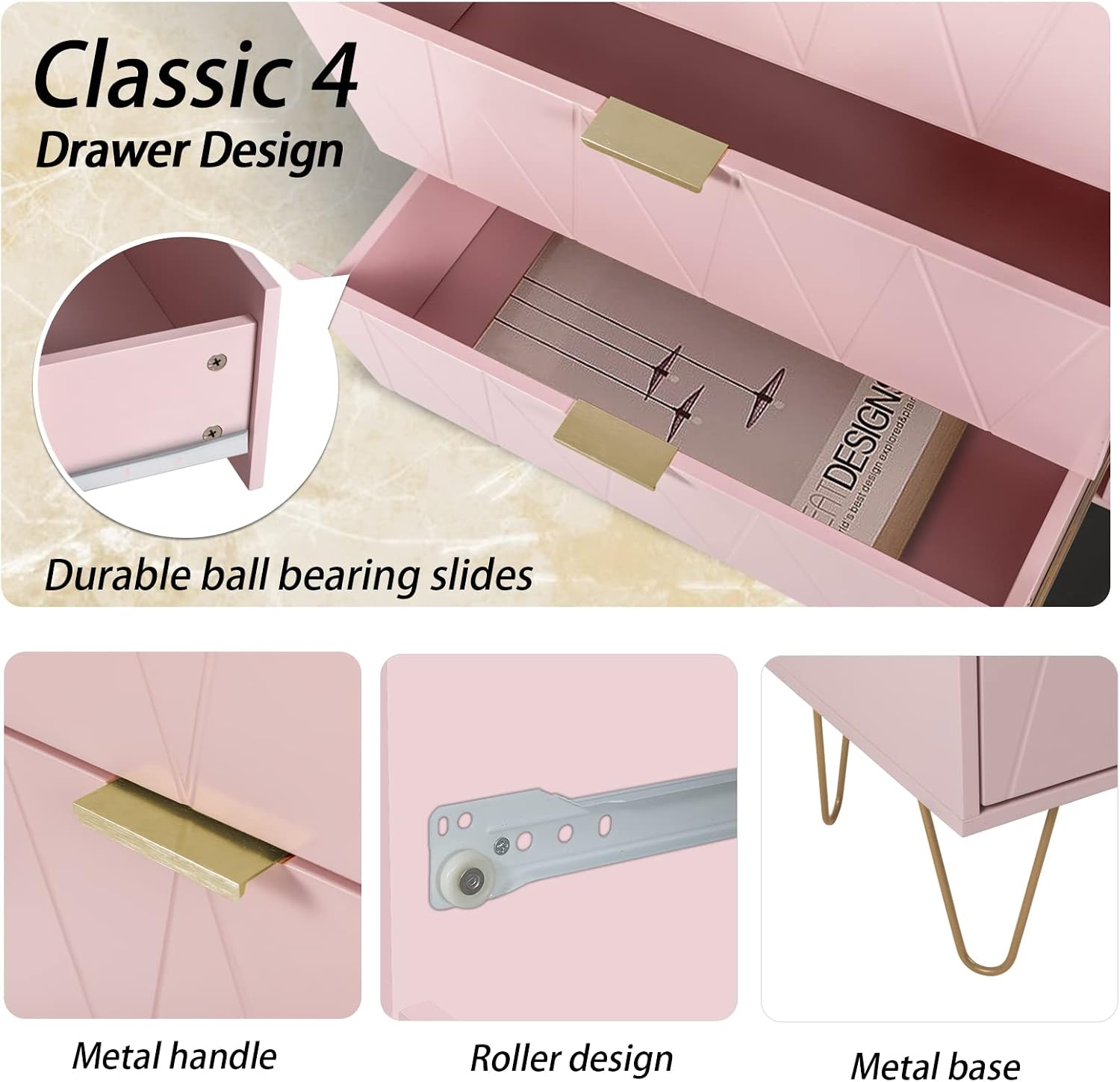 Anbuy Bedroom Sets 4 Piece, Pink Wall Mounted King Headboard & 4 Drawer Dresser & 2-Drawer Nightstands Set of 2 with Metal Handle, End Table Set of 2 for Mordon Bedroom Furniture Combo 4