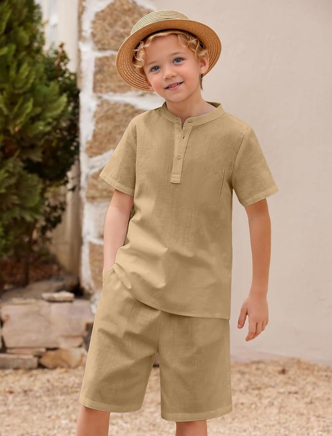 JiAmy Boy's 2 Piece Summer Outfits Casual Henley Button Down Short Sleeve Shirts and Short Sets Kids Clothes Pants Sets - Image 4