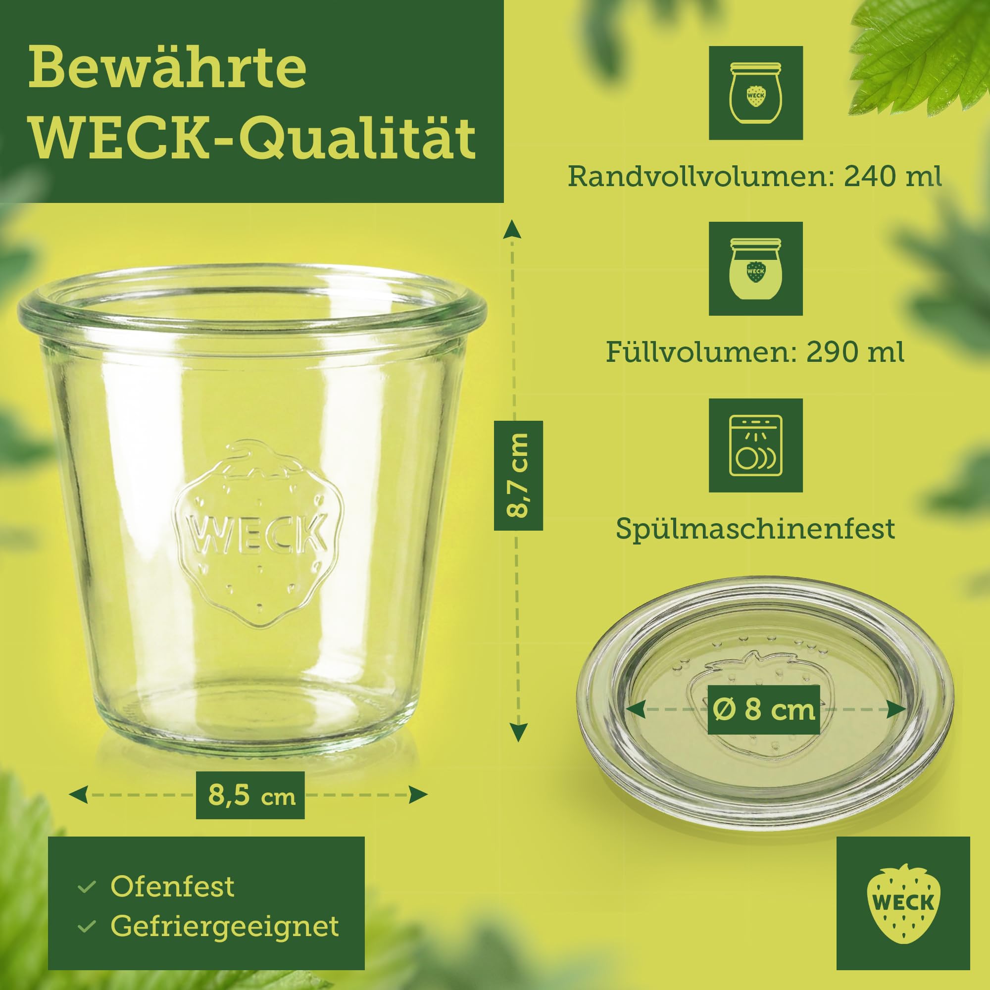 Weck Bicchieri da 290 ml – Set da 6 pezzi con coperchi – Forma a goccia – Bicchieri da dessert robusti e impilabili – vasetti per conserve – piccoli – vasetti per conserve ideali per dessert – Made in