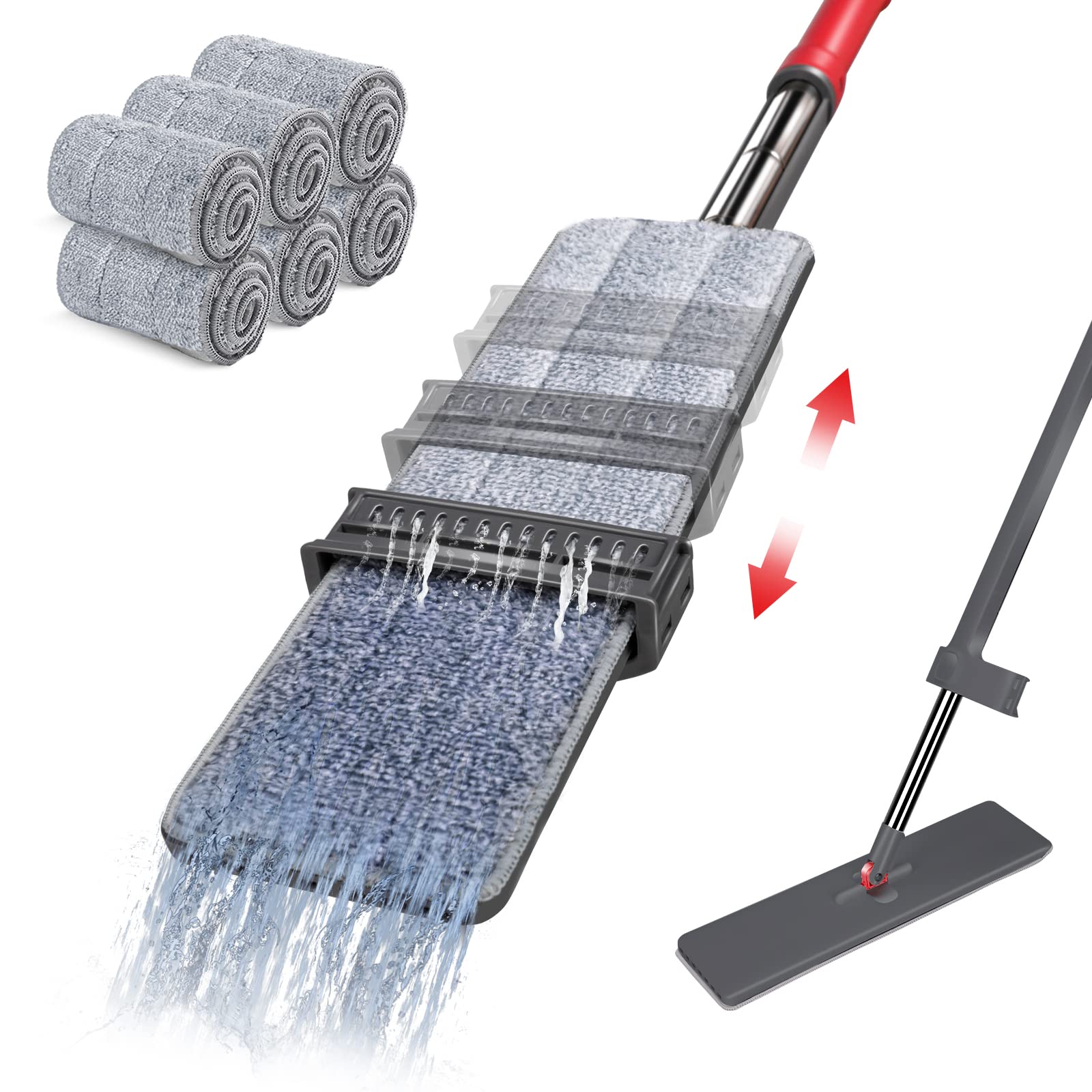 MidybFlat Mop, Self Wringing Floor Mops with 6 Microfiber Pads & 130cm Long Handlefor Wet Dry Use, Microfibre Dust Mop for Cleaning Laminate Tile Hardwood Floors