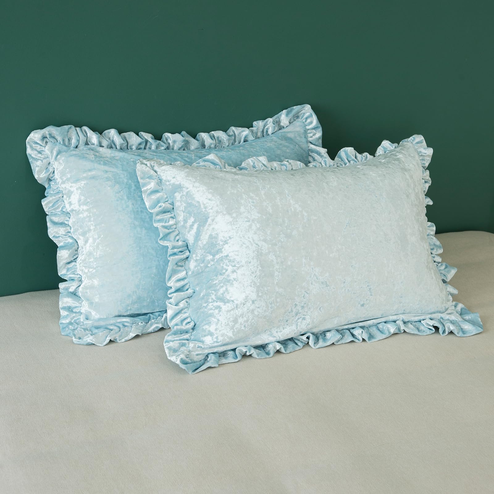 GLORY SEASON Embossed Velvet Pillow Shams Set of 2 Retro Ruffle Flounces Trim Soft Decorative Luxurious Solid Pillow Covers Farmhouse Pillow Cases for Bedroom Decor Light Blue,King 20x36 Inches
