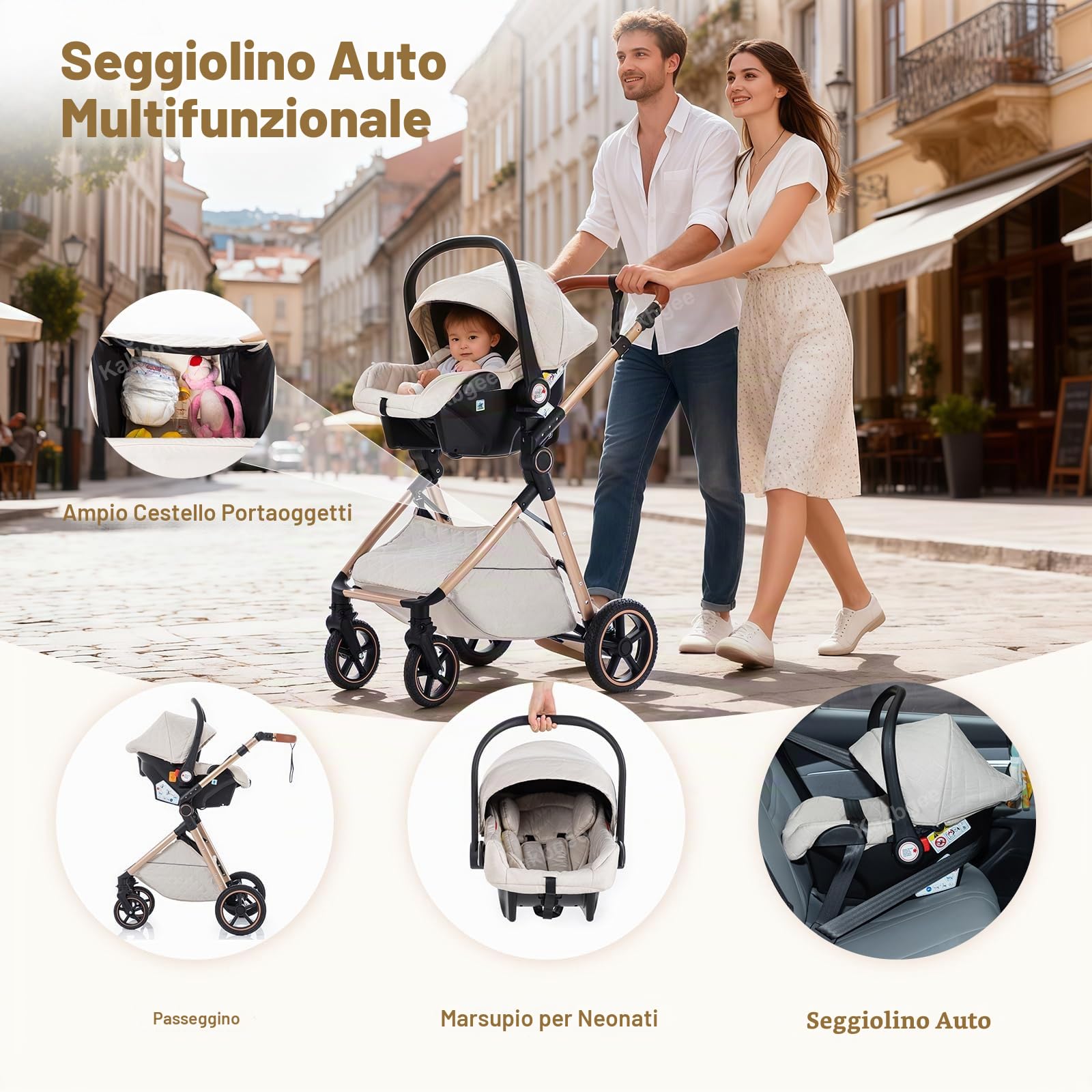 Passeggino 3 in 1 con Seggiolino Auto, Carrozzina Piegevole, 7-Altezza Regolabile, Sospensione 4 Ruote, Copripioggia e Zanzariera, Baby Stroller per Neonati 0-3 Anni (15kg), Grigio chiaro