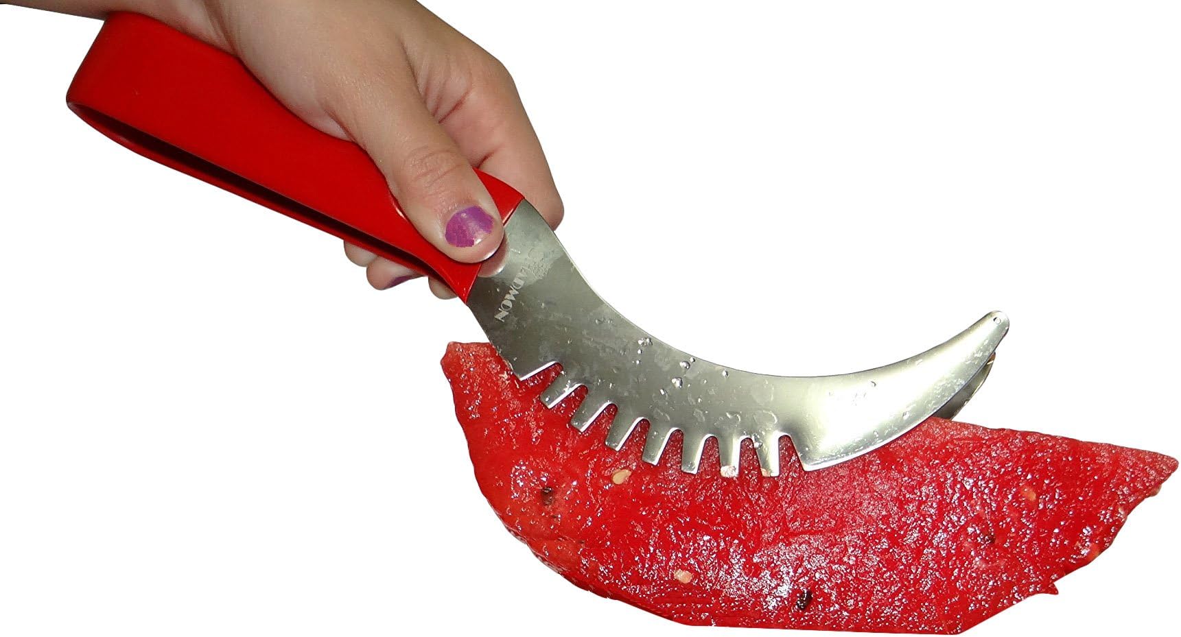 Watermelon Slicer Cutter Corer Server all In 1 for Easy Clean and Safe deploying best quality food grade stainless steel with non slip red handle cover and fruit decorator triangle knife and baller.