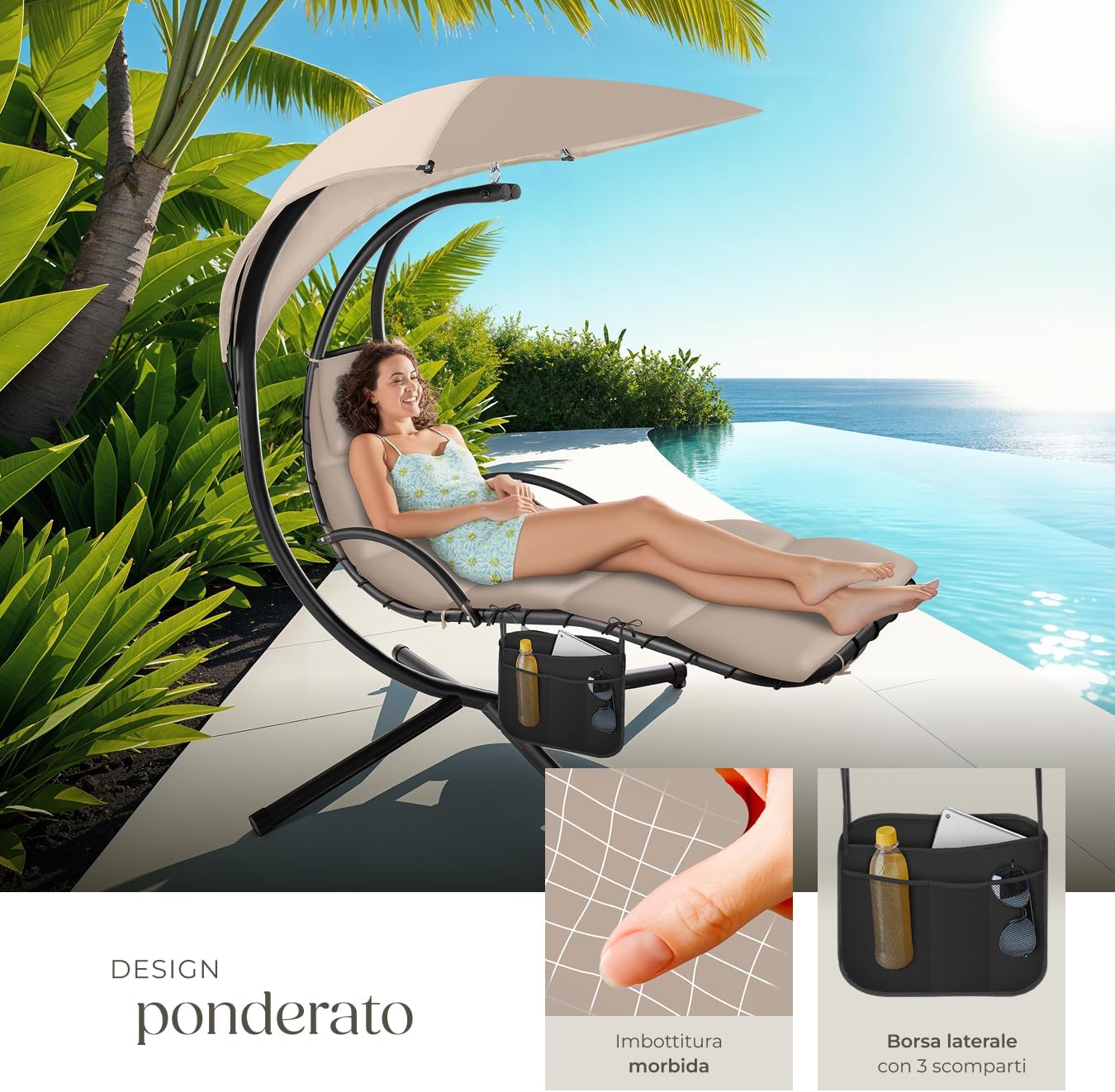 Woman relaxing on tectake Elaria Hanging Lounger with side bag