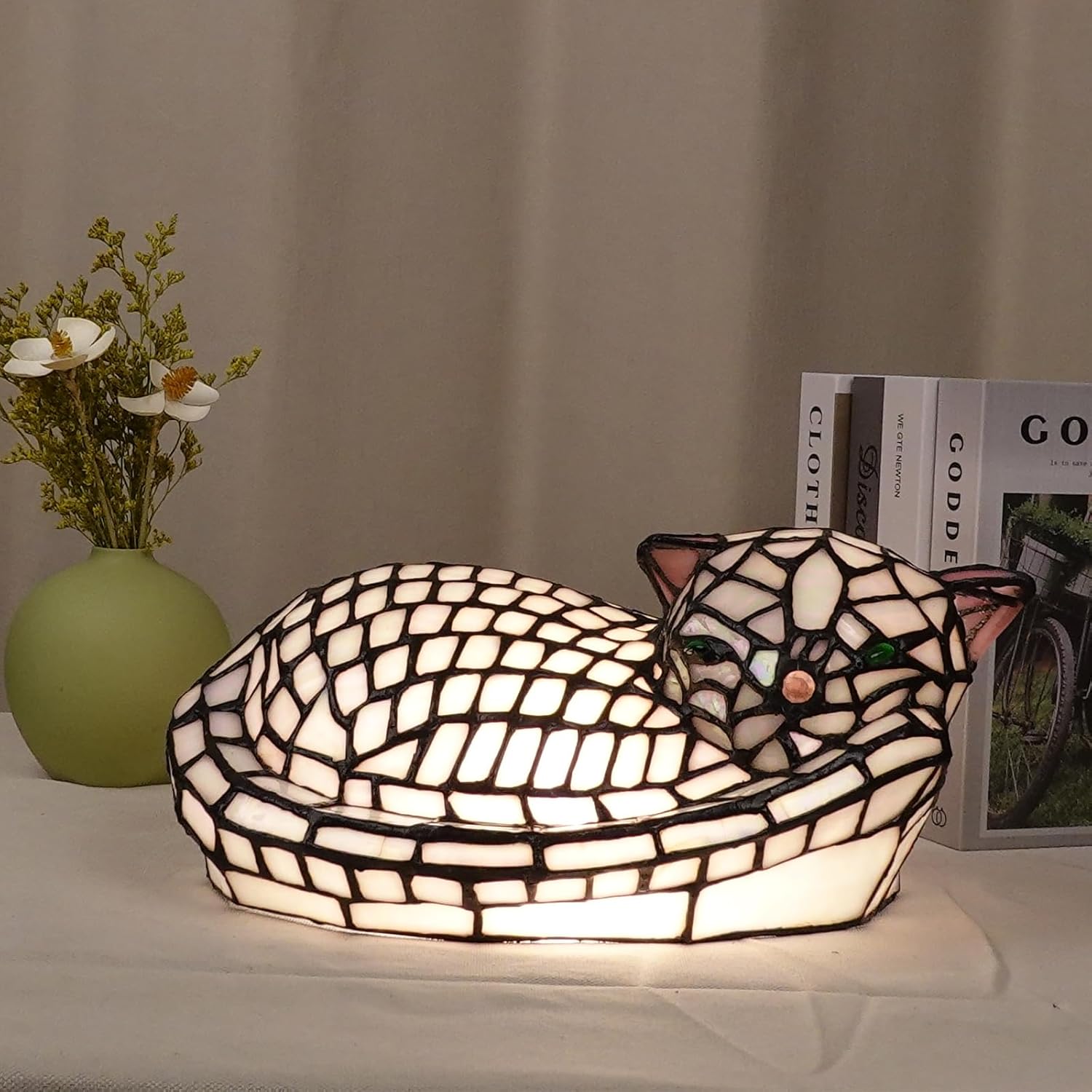 A0013 Cute Sleeping Cat Tiffany Style Table Lamp, 11.5" L x 7.125" W x 5.5" H, Handmade Stained Glass Night Light for Livingroom Bedroom Home Decoration, LED Bulb Included (Sleeping Cat)