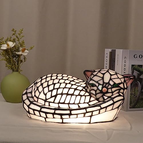 Miniatura 2 de A0013 - Lámpara de mesa estilo Tiffany con diseño de gato dormido, 11.5 pulgadas de largo x 7.125 pulgadas de ancho x 5.5 pulgadas de alto, luz