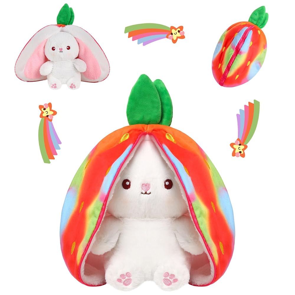 MIAODAM Rainbow Strawberry Bunny Stuffed Animal, Rainbow and Strawberry Bunny Plush Turn Into Rabbit Fruit Doll, Plushie Funny Bunny Toy for Baby (10 inch)