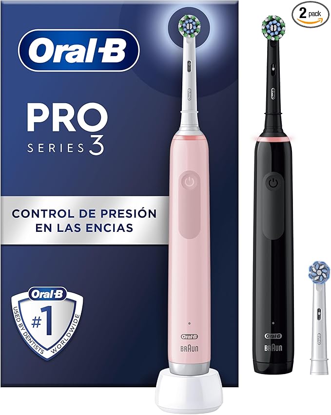 Oral-B Pro 3 3900N Cepillos de Dientes Eléctricos (Pack de 2) con Mango Recargable y Cabezal de Recambio, Diseñado Por Braun, Regalos Orginales para Mujer y Hombre - Negro y Rosa
