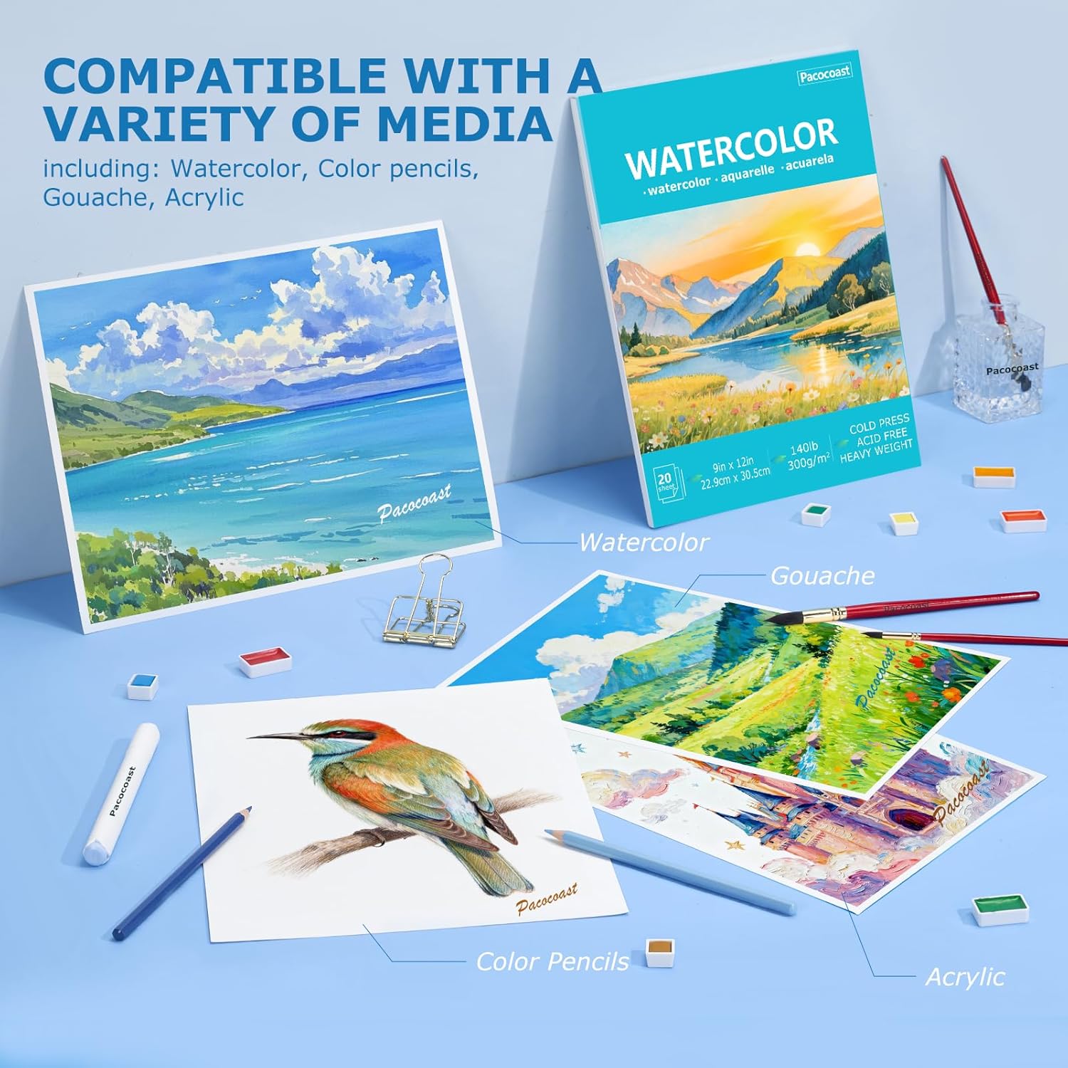 Pacocoast 9"X12" Watercolor Paper - Pack of 3 (60 Sheets), Bulk School Supplies for Arts & Crafts Water Color Pads for Finger Paint, Artist Sketch Coloring Painting Drawing Book Paper, Teal